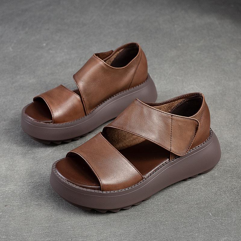 Women Sandals Thick Sole Peep Toe Platform Shoes Genuine Leather Vintage Comfortable Sandals