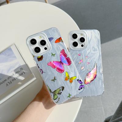 Чехол N76 Butterfly Clear Frame для Samsung S25 Ultra A55 A05s iPhone 16 13 Pro Max XR Xiaomi Redmi Note 13 с текстурой перьев из шифона и серебряным покрытием