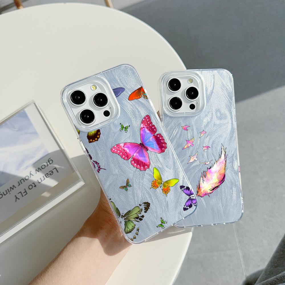 Чехол N76 Butterfly Clear Frame для Samsung S25 Ultra A55 A05s iPhone 16 13 Pro Max XR Xiaomi Redmi Note 13 с текстурой перьев из шифона и серебряным покрытием