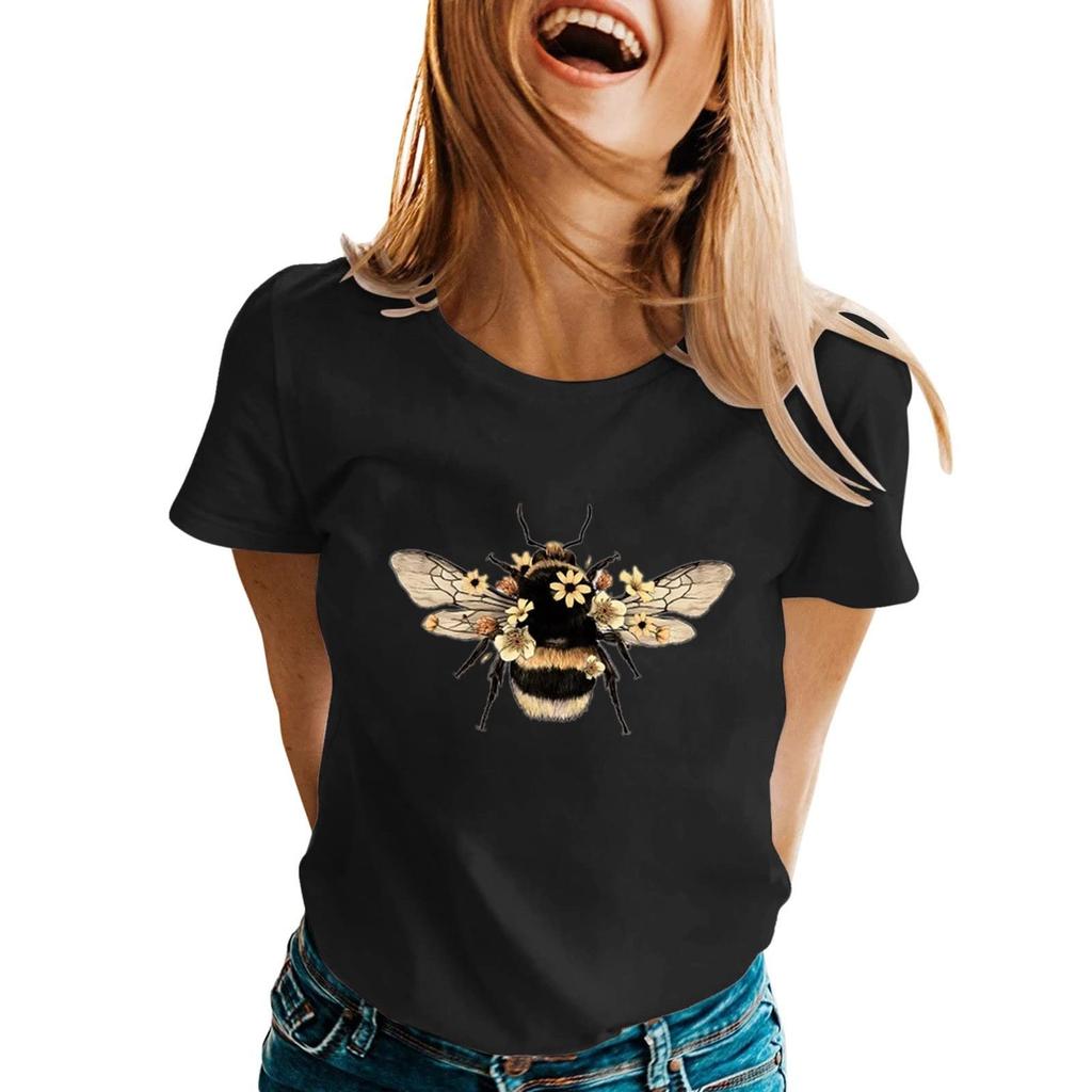 Женская мода, повседневная блузка с короткими рукавами и круглым вырезом с принтом в виде фестиваля медоносных пчел