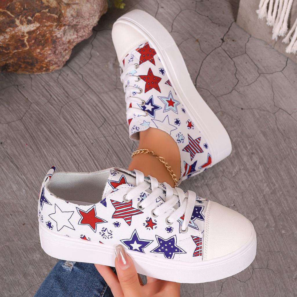 2024 Женская Весна и Осень Печатная Повседневная Шнуровка Толстая Подошва Холщовая Многофункциональная Прогулочная Спортивная Обувь Женская Обувь 2024