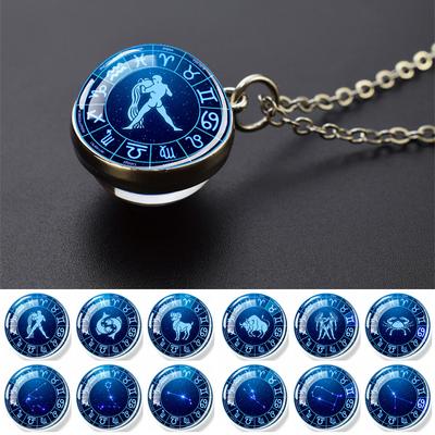 Цепочки с кулонами в виде знаков зодиака, 12 созвездий, планета, стеклянный шар, двусторонние, женские, Овен, Лев, Дева, Телец, ювелирное украшение, подарок