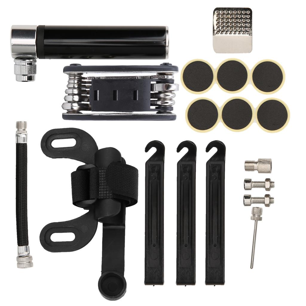 Portable Bicycle Pump 120PSI 16‑in‑1 Multifunction Tire Inflator Repair Patch Kit Bike PartsBlack