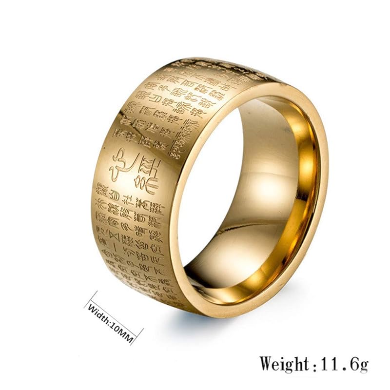 Oakky men's 10MM stainless steel Engraved Chinese Buddhist Wisdom Heart Sutra Mantra Prayer ring lucky protection amulet wedding ring gold size 14