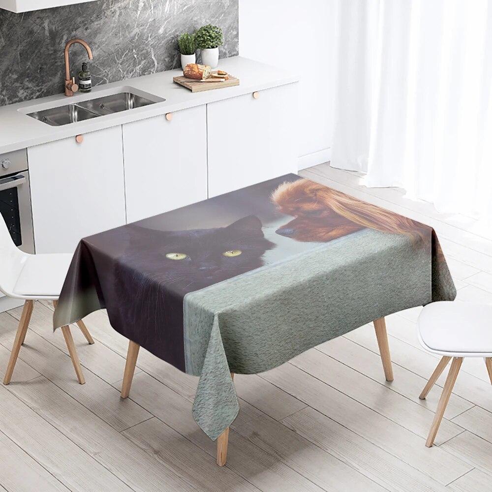 Милая скатерть с изображением кошки и собаки, для кемпинга, вечеринки, с защитой от пятен, водонепроницаемая, прямоугольная, кухонный стол, украшение для дома