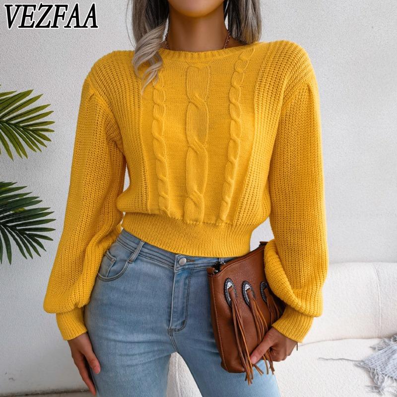 VEZFAA Женская мода повседневная осень-зима однотонный принт длинный рукав O-образный вырез свитера