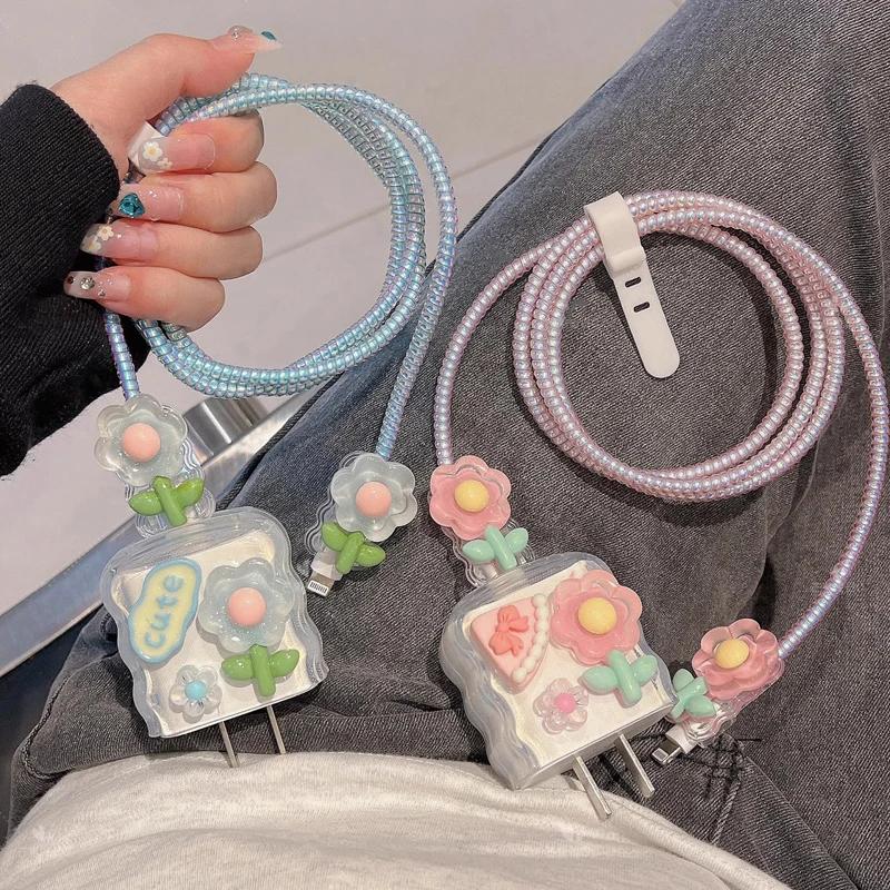 3D розовый цветок кабель зарядное устройство защитный чехол для iPhone 15 14 13 Pro Max 18W 20W зарядное устройство новый Data Line защитный чехол