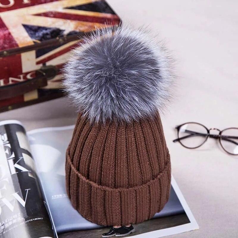Winter Knitted Hats with Faux Fox Fur Ball Tops Women Pom Pom Beanies Warm Cap Casual Women's Fur Hat Fashion