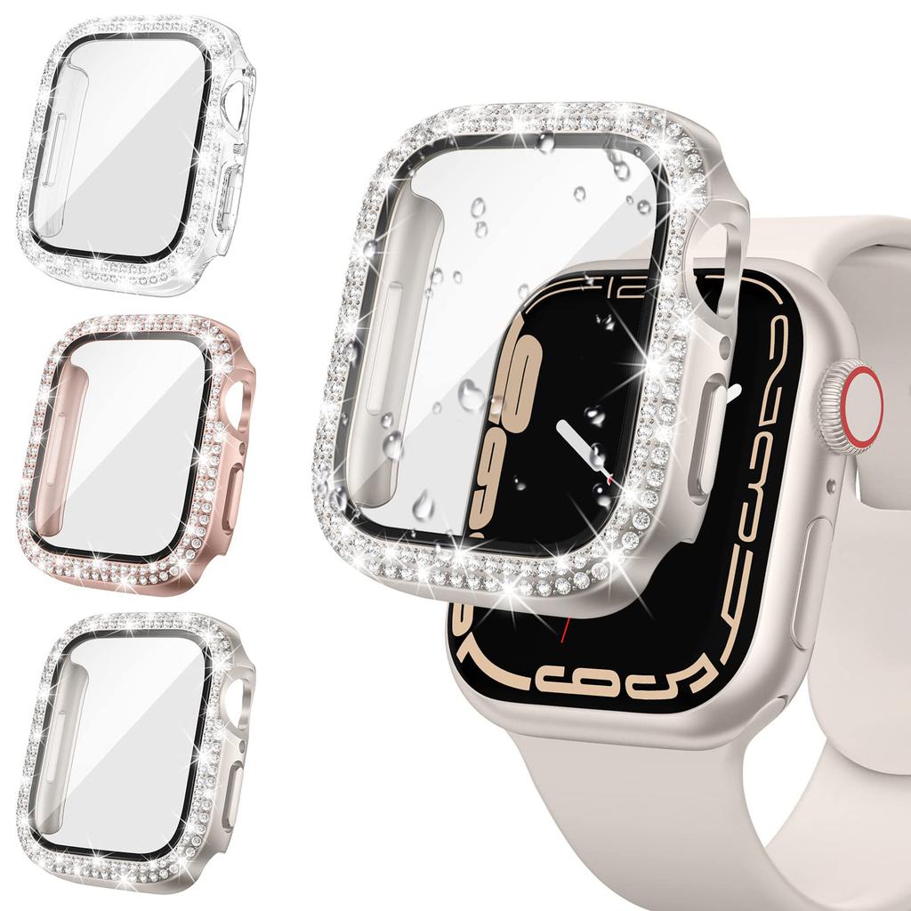 Стеклянный+Алмазный Чехол для корпуса Apple Watch 46 мм 40 мм 44 мм 41 мм 42 мм 45 мм Блестящий Бампер Защита для iWatch Серии 11 10 9 SE 7 8