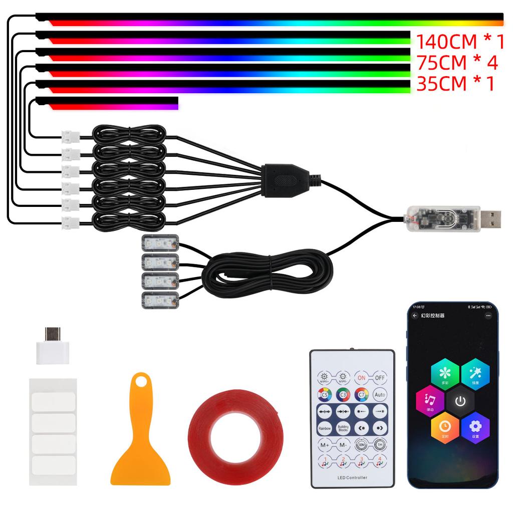 10 в 1 Светодиодная акриловая световая полоса для автомобиля RGB Симфония Автомобильные внутренние полосовые огни Управление с пульта/приложения Декоративная атмосферообразующая лампа