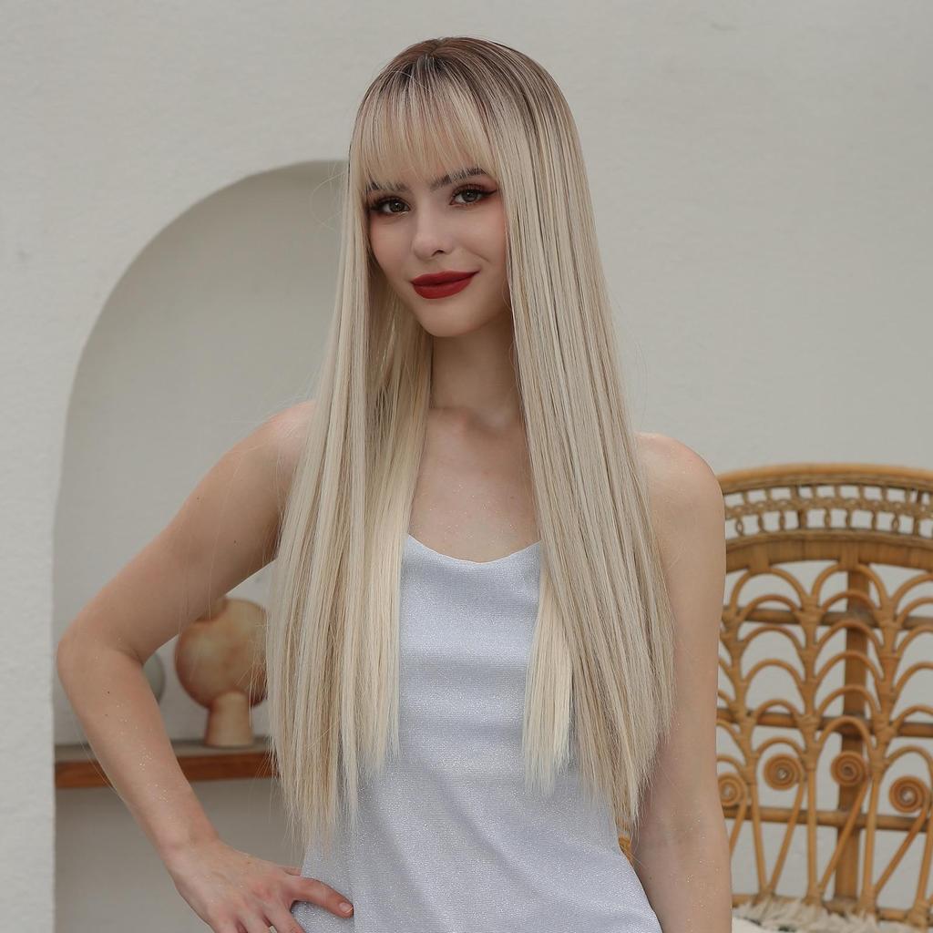 EASIHAIR Блондинка Ombre Парики из синтетических натуральных волос Длинные прямые с челкой Ежедневный парик для косплея Термостойкие волокна парики для женщин