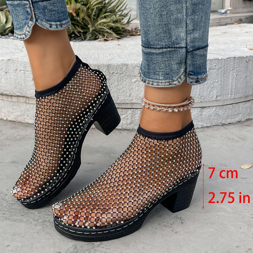 New Hollowed Out Diamond Studded Fashionable High-heeled Sandals for Women, Sexy and Comfortable Fishing Net Single Shoes, Suitable for The Beach