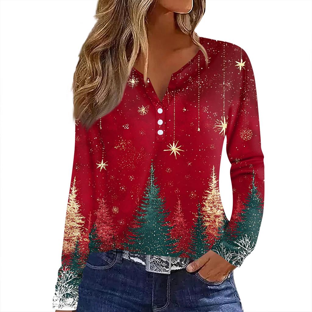 Женская футболка с рождественским принтом на пуговицах с длинным рукавом, повседневная, выходного дня, модная, базовая, с V-образным вырезом, обычная