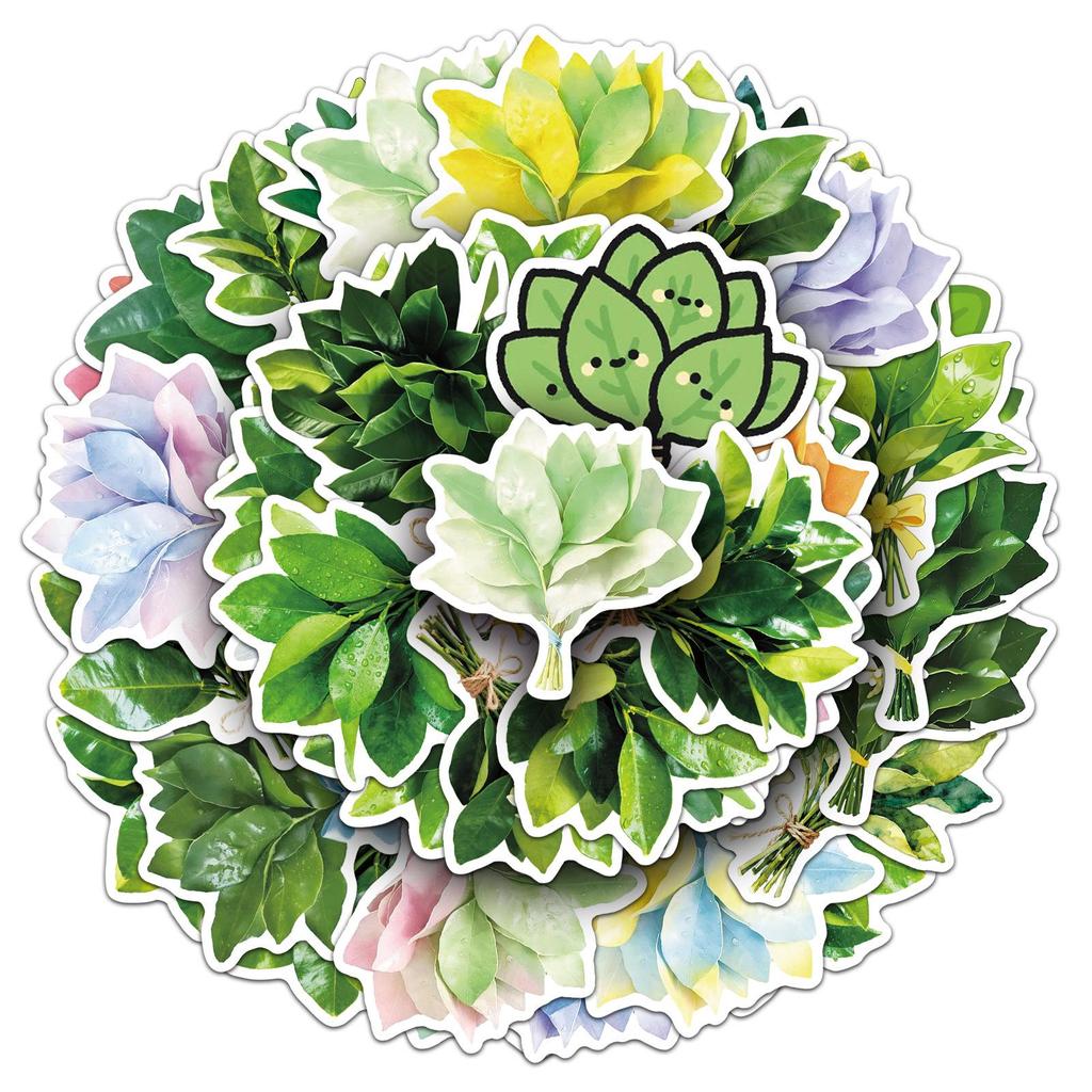 50 Pomelo Leaf Stickers: Waterproof Green Plant Designs for Car, Fridge, Thermos, and Journal Decoration