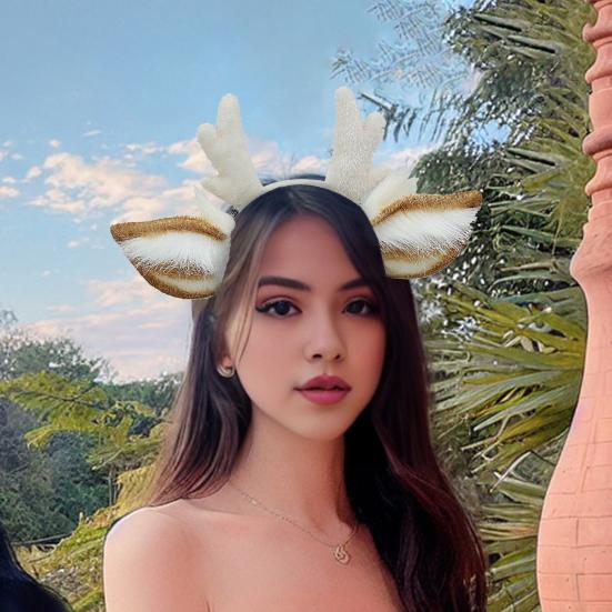 Женская плюшевая рождественская повязка на голову с рогами оленя, ручная работа, 3D-украшение для ушей, обруч для волос, аксессуары для волос для вечеринки в стиле косплея