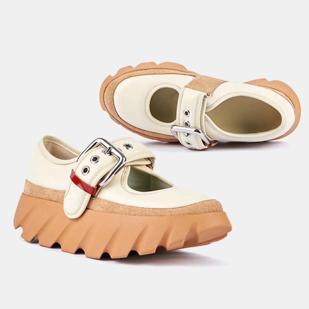 Mary Jane Shoes Women Metal Belt Buckle Shallow Thick-Soled Shoes Platform Height-Enhancing Sneakers Round Toe Sports Shoes