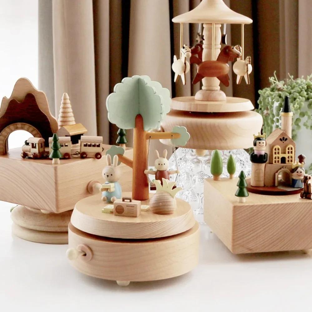 Creative Home Ornament Gift Children's Birthday Gift Carousel Swing Rabbit Wooden Music Box Music Box Home Decor