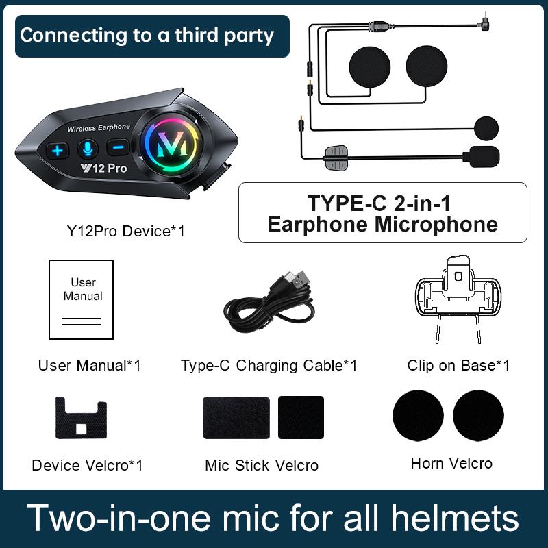 Y12 Pro Motorcycle Helmet Intercom Bluetooth 5.4 Headset Waterproof 500m Intercomunicador Speaker Wireless Handsfree Interphone