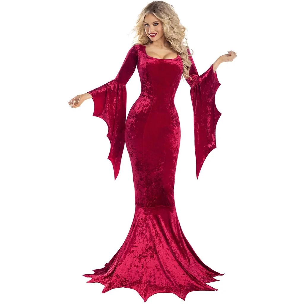 Костюм Мортиши Аддамс Платье с длинным шлейфом Хэллоуин Ужас Темный наряд Готическое платье Роба Рукав летучая мышь Ужас Для взрослых