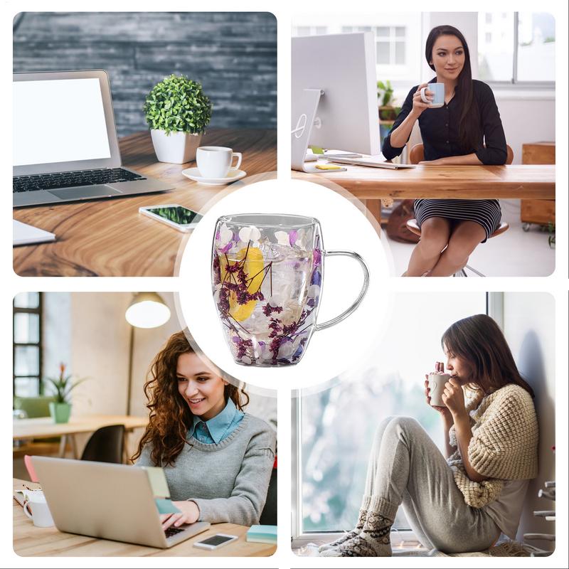 Кружка для кофе с двойными стенками 350 мл с ручками, прозрачные чашки для молока, подарки, стеклянная чашка с искусственным цветком для молока, чая, сока, горячих и холодных напитков