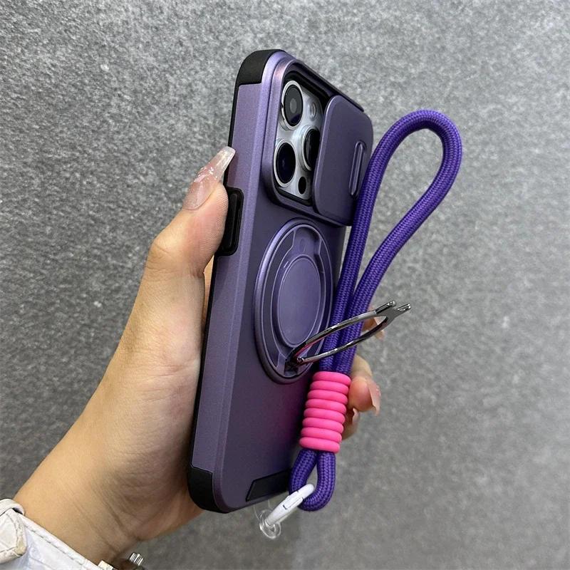 Чехол Armor Magnetic Bracket для iPhone 16 14 13 12 11 15 Pro Max Plus с защитой камеры на шнурке и выдвижным чехлом, противоударный чехол