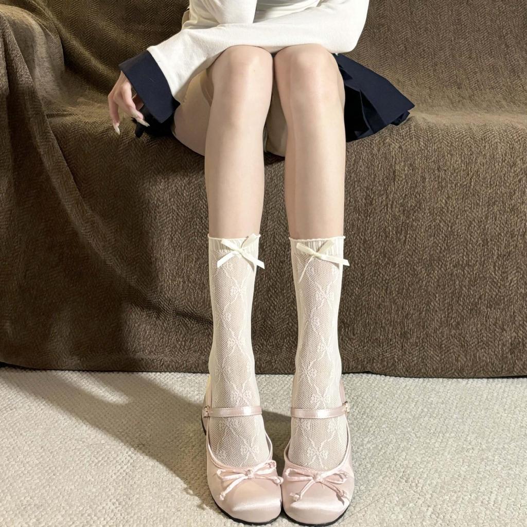 Lolita Lace Frill Mid-Calf Socks with Bow Ribbon - White Ballet Style JK Knee-Highs for Spring & Autumn