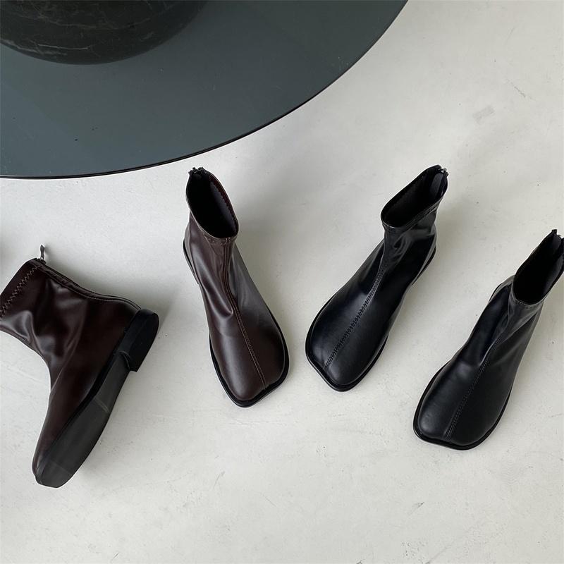 Woman Spring Botas Shoes Flat Heel Zipper Boots Women Ladies Ankle Leather Rubber 2024 Soild Fabric Square Toe Zapatillas Mujer