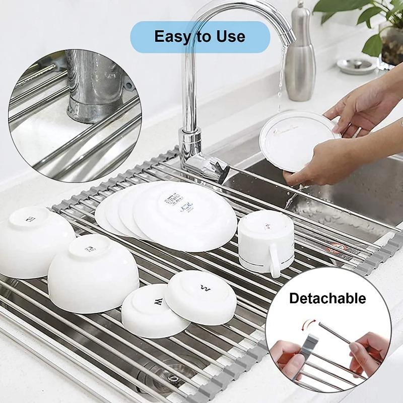Dish Drainer Foldable Stainless Steel Roll Up Dish Drying Rack Shelf Kitchen Sink Holder Organizer Bowl Tableware Plate Storage