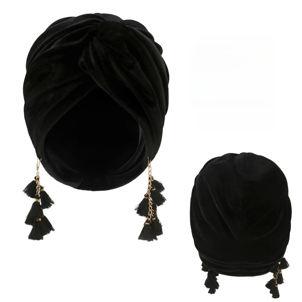 New Spring Women's Bohemia Velet Turban Tassel Head Wrap Cap European American Retro Style Boho Cross Beanie Hat