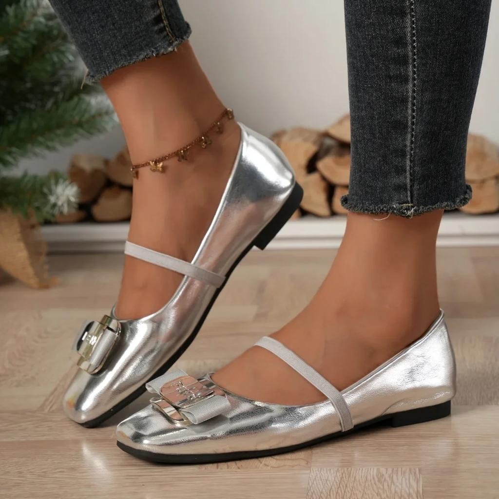 Женские серебряные балетки Flat BowsSingle Shoes Женская весна 2024 Комфортные туфли-лоферы с квадратным носком Кожаные туфли Мэри Джейн