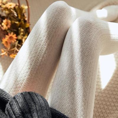 Женские японские ретро леггинсы с кабельным узором, на флисовой подкладке, со штрипками - осенне-зимний стиль, белые колготки