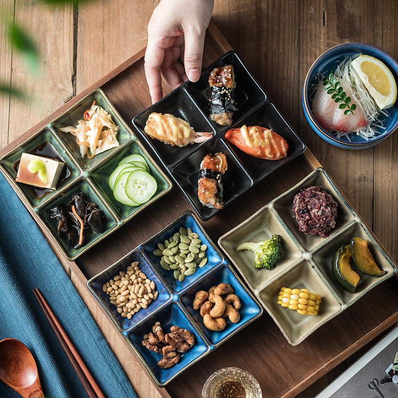 Керамическое квадратное блюдо для приправ в японском стиле с четырьмя отделениями, блюдо для подачи хот-пота, соус для барбекю