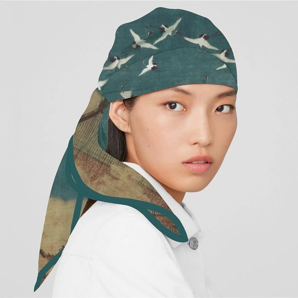 Retro 90CM Square Twill Scarf Shawl Hijabs For Women White Bird Printed Bandana Foulard Neckerchief