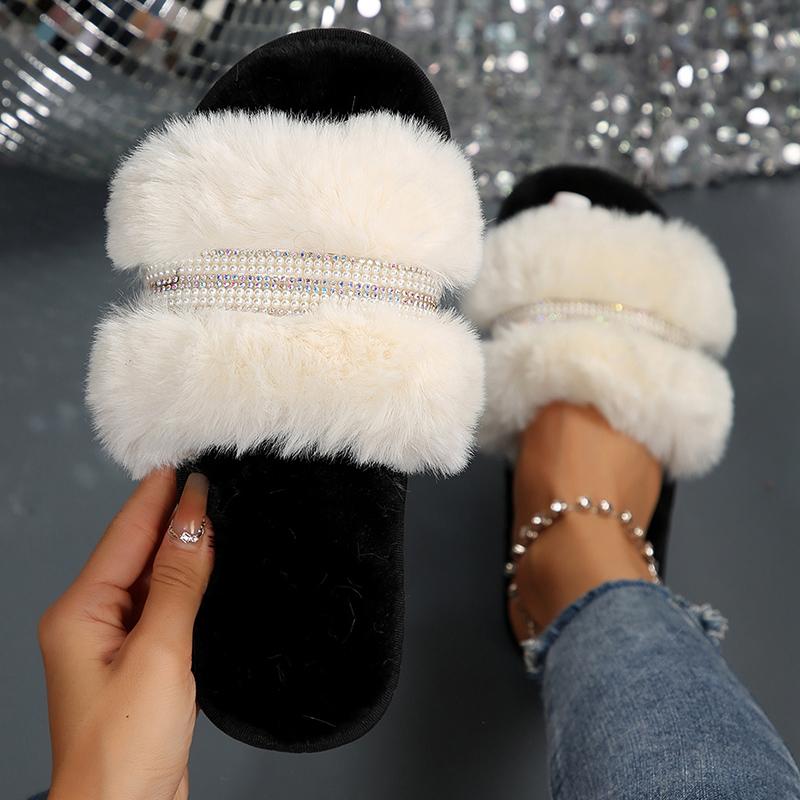 Fashion Luxury Pearl Decor Home Fur Slippers Women Winter Indoor Cozy Open Toe Fluffy Slides Woman Mixed Color Plush Warm House Slippers