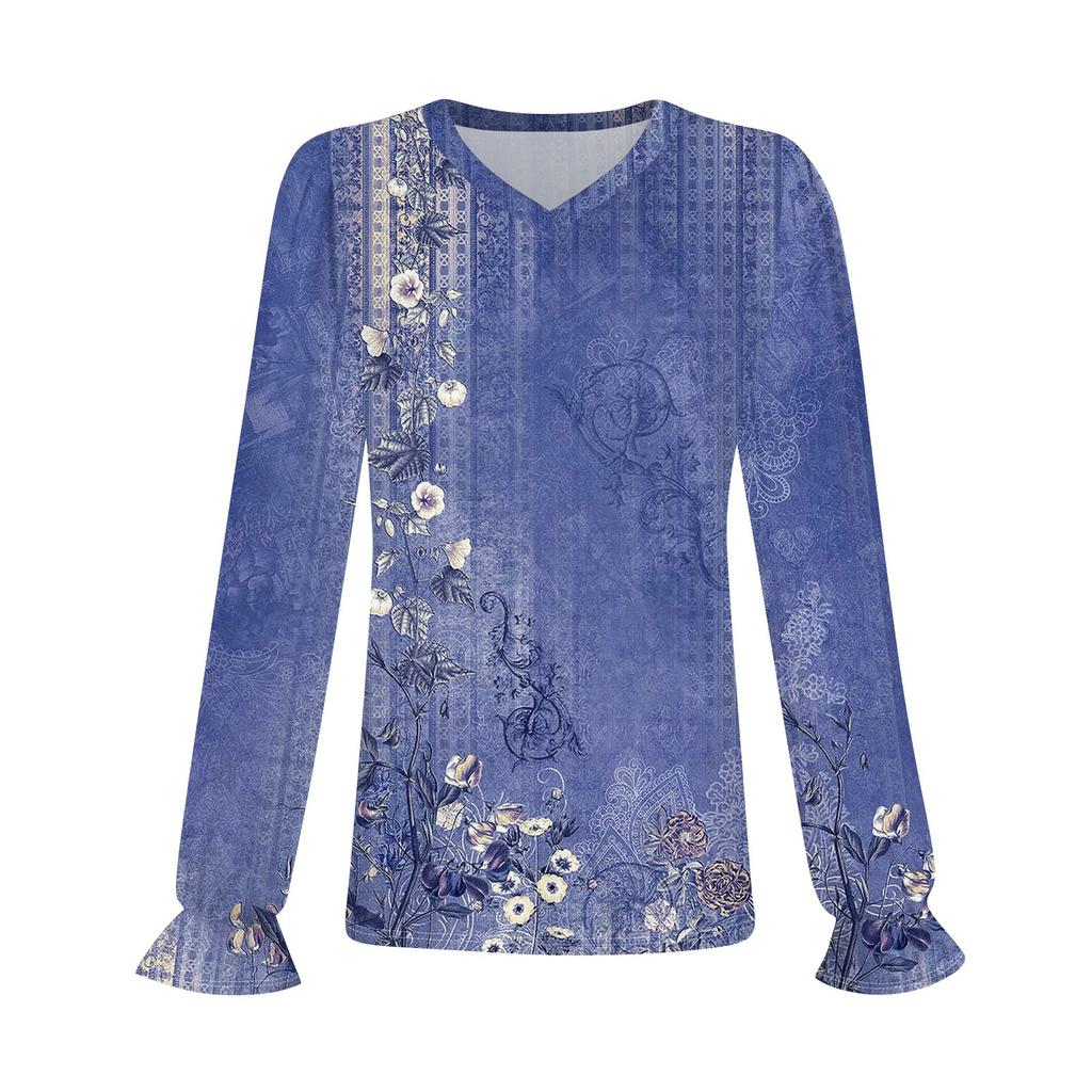 Women's Daily Casual Long-sleeved Striped Printed V-neck Top