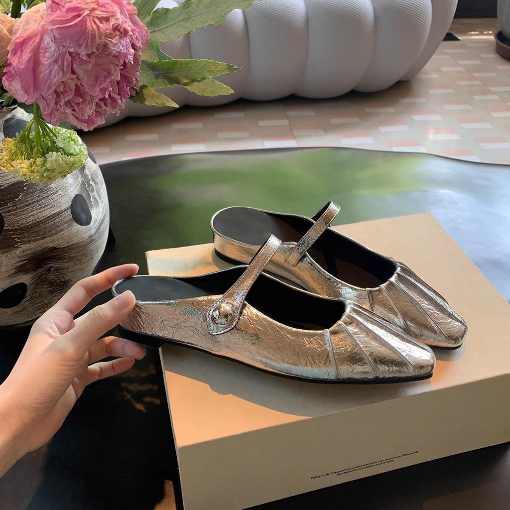 Grape Mother Silver Single Shoes Wrinkled Temperament Square Head Half Tray Women's Shoes Soft Sole Not Tired Feet 2025 Autumn New Shoes