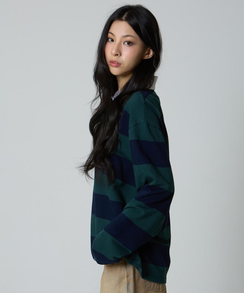 UNKNOWN PLANET Striped Rugby Collar Shirt Green