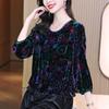 Golden Velvet Top Women's Autumn Winter New Ladies Retro Print T-shirt Round Collar Long Sleeve Bottoming Shirt S-4XL