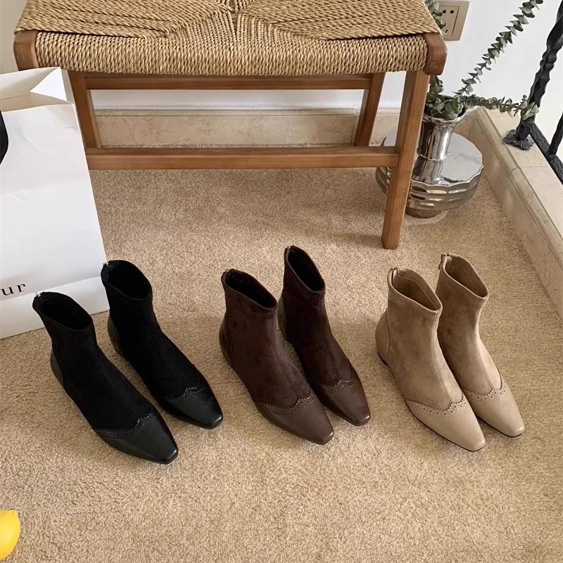 Square Head Splicing Short Tube Fashion Boots Versatile British Style Commuting with Skirt Personality Thick Heel Thin Comfortable Martin Boots