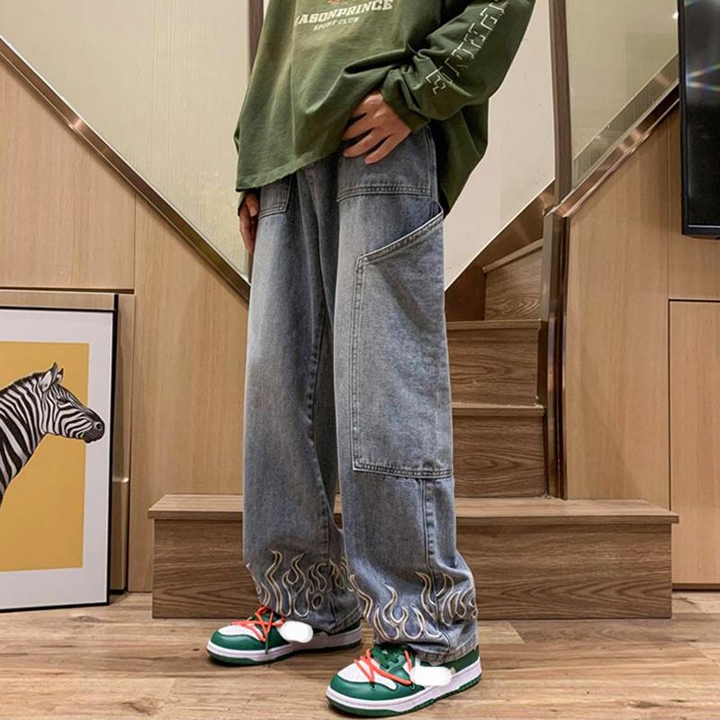 Мужская мода Y2K Одежда Винтажные роскошные джинсы Мужчины Огненная вышивка Высококачественные мешковатые прямые брюки Джинсовые брюки Джинсы для мужчин Уличная одежда