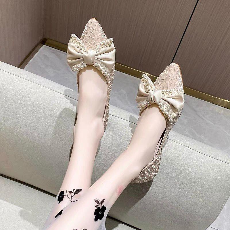 Модная женская обувь с острым носком и бантом, женские балетки, черные, жемчужные, шикарные и элегантные, модный люксовый бренд, весна 39 Y2k