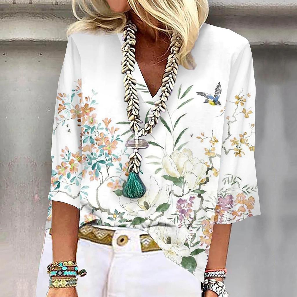 Женская рубашка, блузка, повседневные свободные рубашки, рукава 3/4, топы с v-образным вырезом и принтом, топы с принтом, футболки, футболки