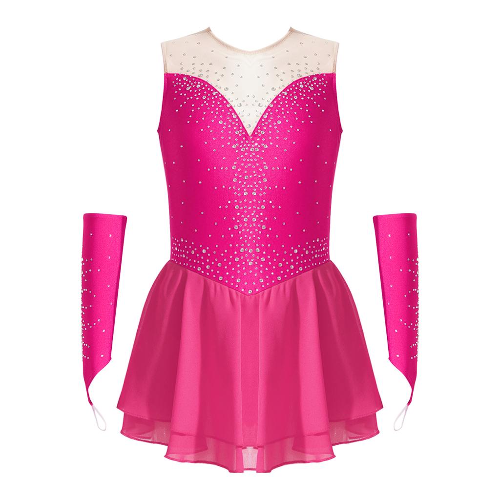 Girls Figure Skating Dress Sleeveless Glittering Rhinestone Keyhole Back with Gloves