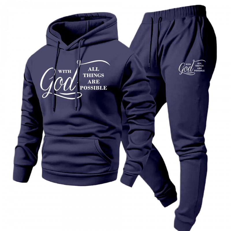 Mens Hooded Letter Print Sweatshirt Jogger Pants Set Fall Casual Two-Piece Outfit