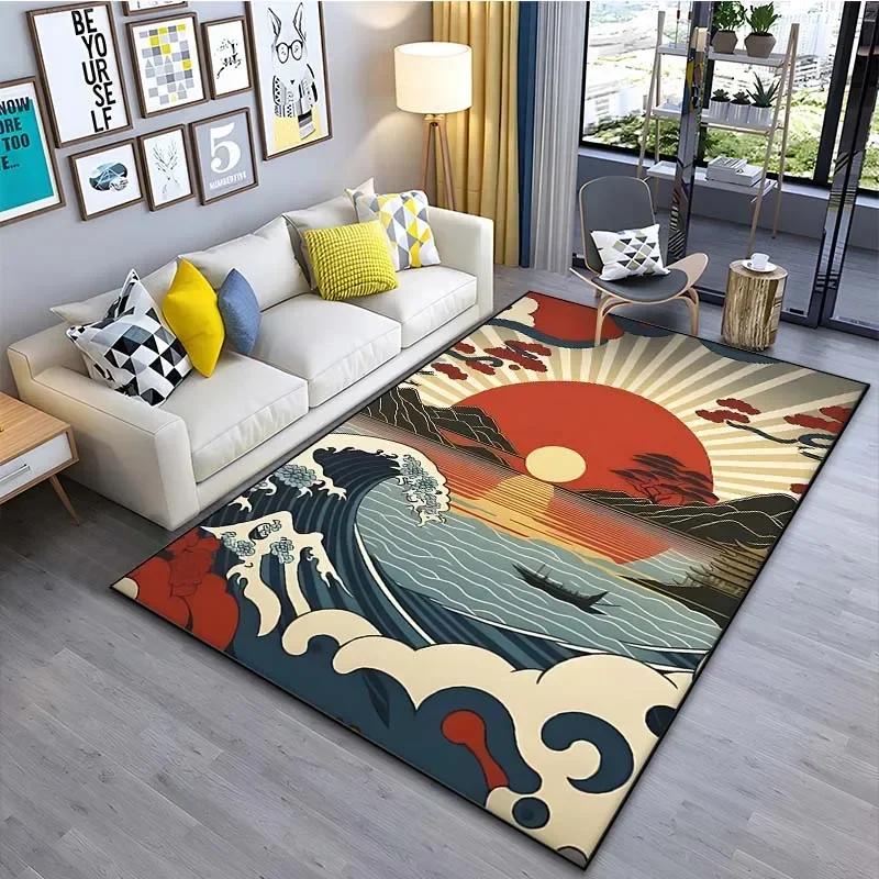 1PC Japanese Art Kanagawa Waves Carpet for Living Room Home Decor Large Area Rug Bedroom Floor Rug Non-slip Easy Washable Mat