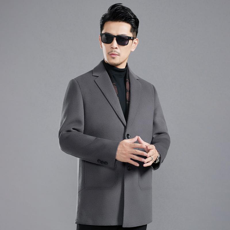 Зимнее мужское кашемировое пальто с карманами и двухсторонним воротником, средней длины, со съемным пуховиком, повседневное шерстяное пальто
