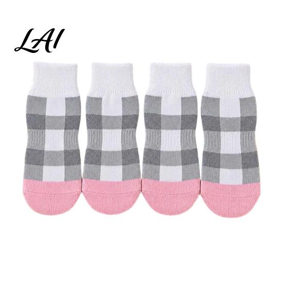 Adjustable Dog Socks for Traction 4Pcs Plaid Socks Anti-Slip Pet Paw Covers with Non-slip Cotton Grips Straps Breathable Ribbed Protectors