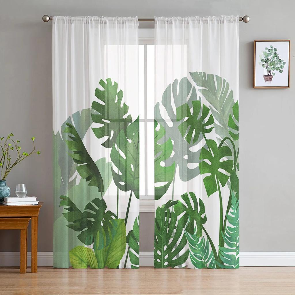 Tropical Plants Sheer Window Curtains for Living Room Girl Bedroom Tulle Curtains Kitchen Veil Chiffon Drapes