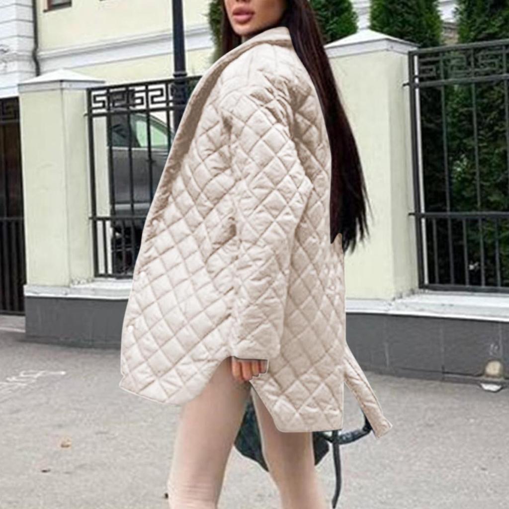 Women's Long Sleeve Rhombus Solid Color Thickened Button Cotton Outerwear Coat  Jacket
