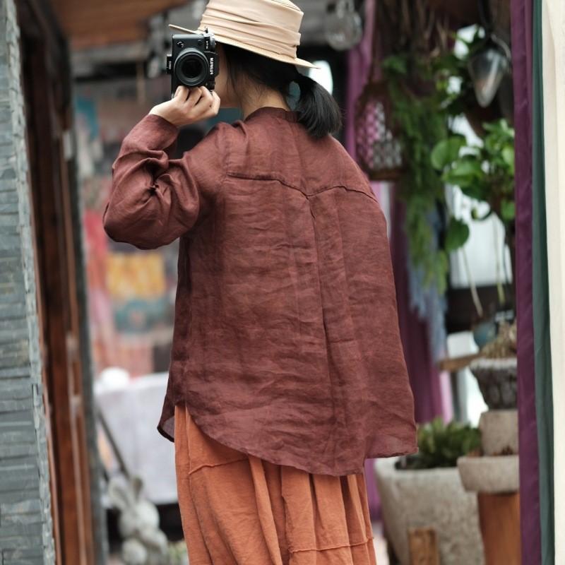 Johnature Осенняя женская винтажная льняная свободная однобортная рубашка, однотонная рубашка с круглым вырезом и длинными рукавами с принтом